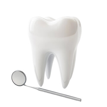 A pristine white model of a tooth rests beside a dental mirror on a white background symbolizing oral hygiene.