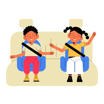 Kids In Backseat In Car Seats In Flat Vector Illustration Symbolizing Travel, Safety, And Fun, Isolated On White Background