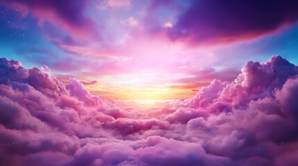 stunning pink and purple sky at sunset, with fluffy clouds creating dreamy atmosphere. vibrant colors evoke sense of peace and wonder, perfect for romantic or inspirational themes