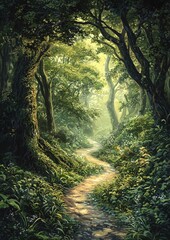 Obraz premium Serene Forest Path Winding Through Lush Green Trees Sunlight Dappled