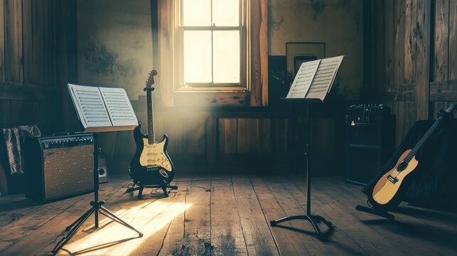 A musician's setup with a guitar, music stand, and sheet music in a rehearsal space.