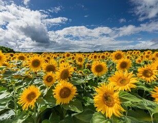 Sunflowers under a Blue Sky: A vibrant field of sunflowers basks under a bright blue sky dotted with fluffy white clouds, creating a captivating image of summer's golden hues and boundless optimism.