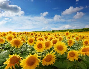 Fototapeta premium Sunflowers Under Blue Sky: A breathtaking view of a vast sunflower field stretching to the horizon under a vibrant blue sky dotted with fluffy white clouds.
