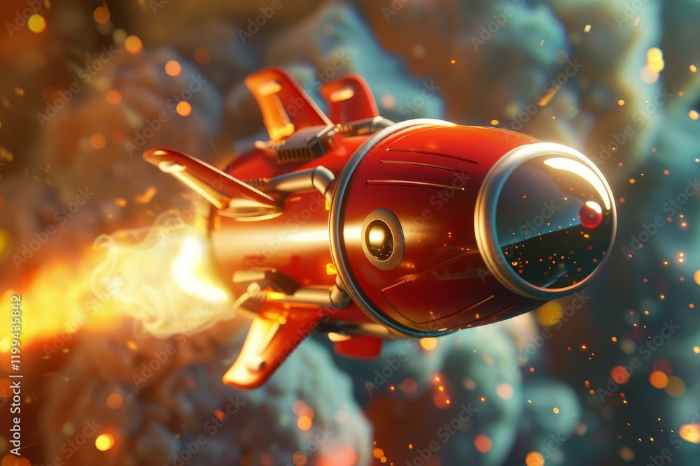 Aufkleber red rocket ship flying through outer space with smoke and fire trailing behind it