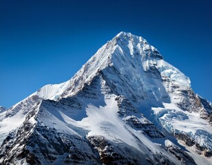 Majestic Snow-Capped Peak: A breathtaking panoramic view of a majestic snow-capped mountain peak piercing a vibrant blue sky.  The scene evokes a sense of awe and wonder.