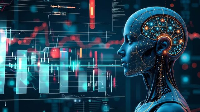 Beautiful female robot with artificial intelligence. Portrait of anthropomorphic robot, close-up. AI concept. Futuristic woman cyborg scans symbols on display
