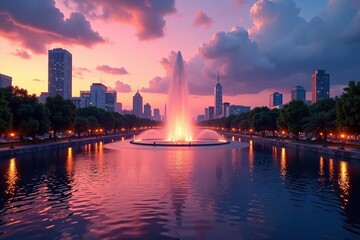 Obraz premium A stunning sunset over a city fountain reflecting vibrant colors in the water.