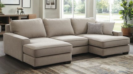 Fototapeta premium A neutral-toned sofa with a chaise lounge in a modern, open-concept living room.