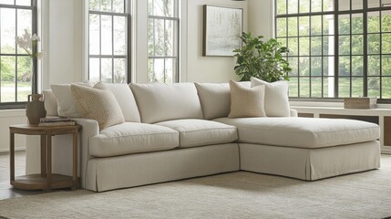 Fototapeta premium A neutral-toned sofa with a chaise lounge in a modern, open-concept living room.