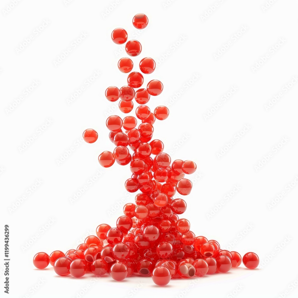 Poster shiny red spheres falling and accumulating on a white background, creating a visually appealing abst