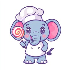 Elephant chef with lollipop, illustration for kids books and posters, on white background