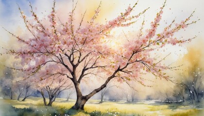 Fototapeta premium Cherry blossom tree in full bloom during a serene spring afternoon, surrounded by gentle sunlight and soft grass