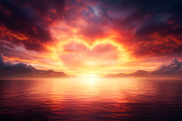 Fototapeta premium stunning sunset creates heart shape in sky, reflecting vibrant colors on calm ocean surface. This romantic scene evokes feelings of love and tranquility