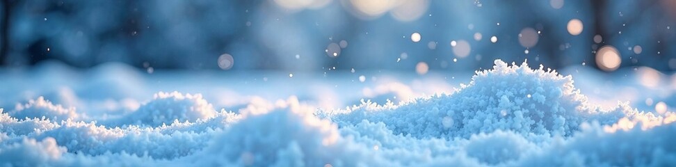 A tranquil snowy landscape with sparkling snowflakes glistening under soft light.