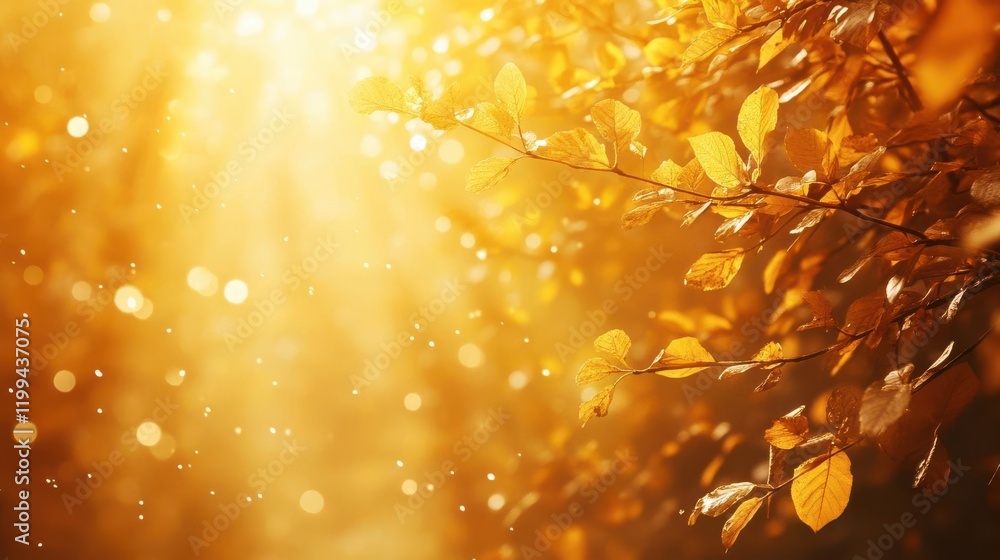 Poster a warm, golden light filters through autumn leaves, creating a tranquil and enchanting atmosphere fi