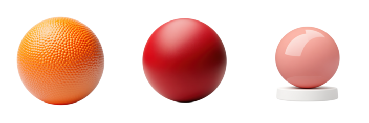 Bright orange textured ball, smooth red sphere, and glossy pink orb