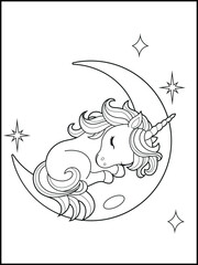 Illustration of a cute unicorn cartoon character. Black and white Printable Unicorn coloring page for kids.