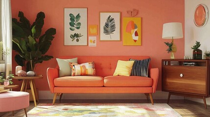 A retro-style sofa in a colorful living room with funky decor.