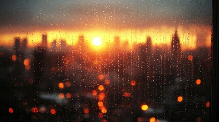 Fototapeta premium A stunning sunset over a city skyline viewed through a rain-speckled window.