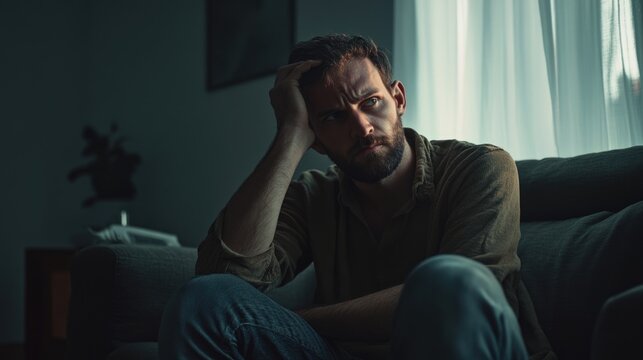A man looking down with a puzzled expression, in an indoor setting.