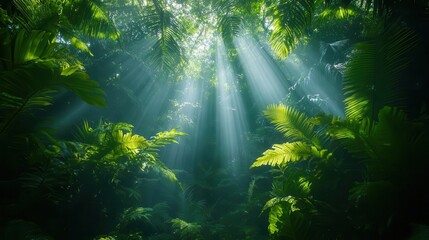 A serene forest scene with sunlight filtering through lush green foliage, creating a tranquil and mystical atmosphere.