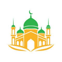 Colorful Islamic Mosque Logo Design, icon, Al-Quran mosque logo. Islamic theme, mosque objects, Al-Quran, moon. , modern.