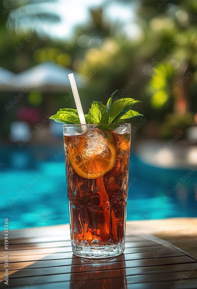 Poster refreshing iced tea cocktail with lemon slice and mint garnish in vibrant poolside setting captured 