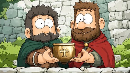 Cartoon characters holding a mystical golden chalice in the forest