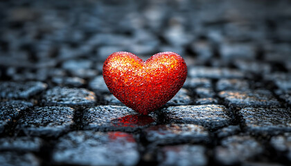 Obraz premium Red heart, cobblestone street, night, romance, love