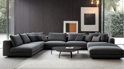 A spacious sectional sofa with a coffee table in a sleek, contemporary living room.