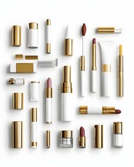 Obraz premium A collection of elegant cosmetic products with gold accents on a white background.