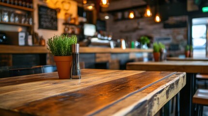 Warm and inviting cafe interior featuring rustic wooden tables, stylish lighting, and fresh herbs in pots, creating a cozy ambiance perfect for relaxation and socialization.
