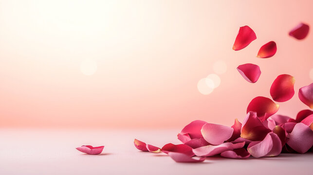 Soft pink rose petals scattered on light background create romantic atmosphere, perfect for love themed designs or celebrations. gentle hues evoke feelings of tenderness and beauty