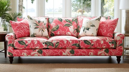A stylish fabric sofa with accent pillows in a bright, cheerful living room.