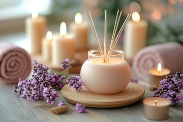 Burning candles and aromatic reed freshener on table in spa salon, space for text