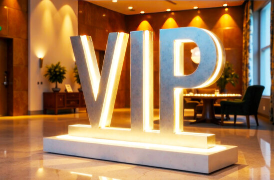 A bright VIP sign shines in a luxurious hotel lobby, highlighting elegance and exclusivity in the evening
