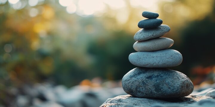 An assortment of rocks stacked in a balanced pile amidst autumn leaves, creating a sense of serenity and focus. This image captures the essence of zen practice through nature's simplicity.