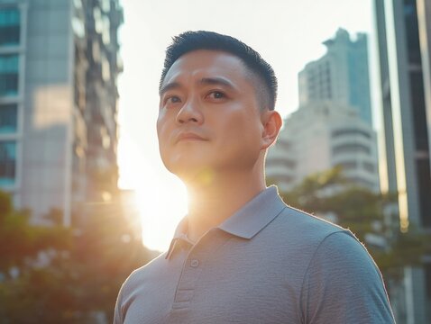 Inspirational Sunset Portrait of Man in Cityscape