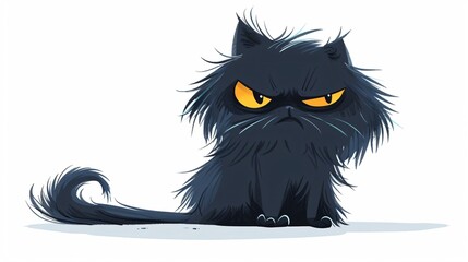 Disgruntled Black Fluffy Cat Sitting - Moody Feline Portrait Photography