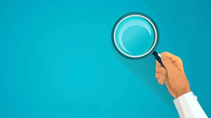 Magnifying Glass Held by Hand in White Shirt on Blue Background