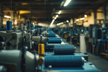 A scene inside a textile factory, showing rows of industrial looms and machinery for weaving yarn into textiles.