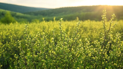 Sunlight filters through young leaves, creating a peaceful spring landscape with rolling hills in the background