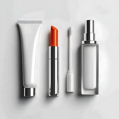 A collection of cosmetic products including a cream, lipstick, applicator, and spray bottle.