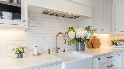 Bright luxury kitchen with a farmhouse sink, subway tile backsplash, and classic design elements.