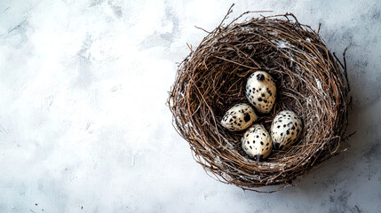 Obraz premium Bird's Nest with Spotted Eggs: A Rustic Springtime Still Life