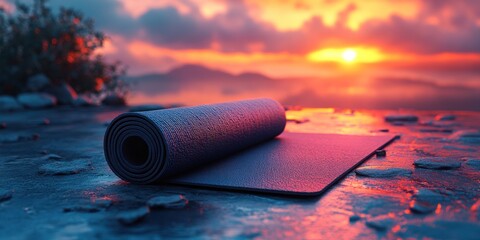 Sunset Yoga Mat on Rocky Shore: Serene Evening Fitness