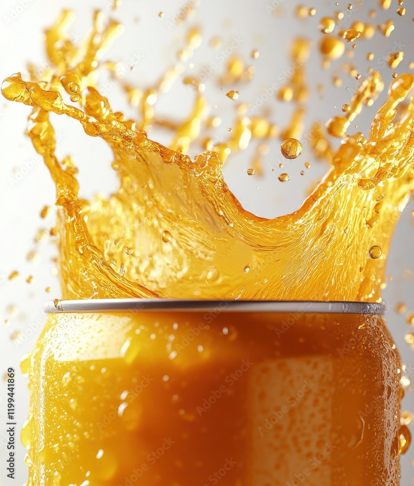 Poster refreshing orange beverage splashing from can with dynamic water droplets on bright background creat