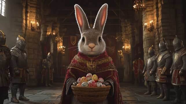 Medieval Knights Protecting Easter Bunny and Egg Basket in Castle Hall