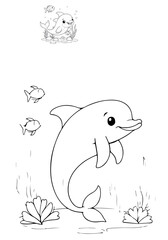 black and white vector illustration of dolphins and fish