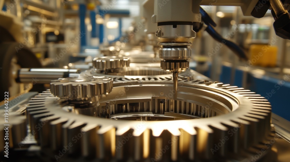 Poster gears and mechanical parts being assembled on a precision assembly line.